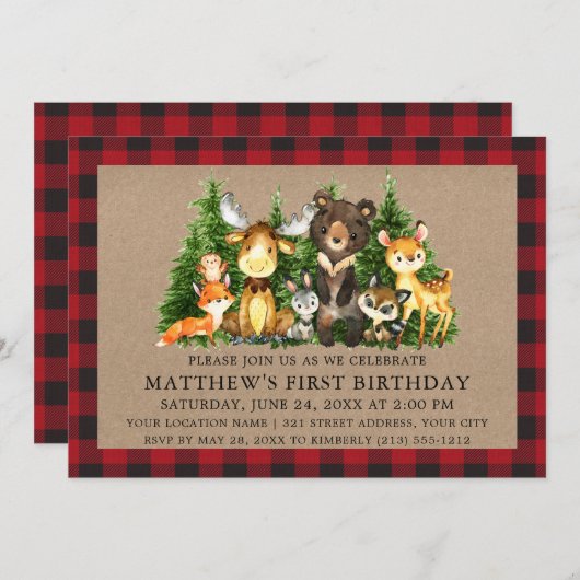 Watercolor Woodland Tiere Rustikal Erster Geburtst Einladung (Vorne/Hinten)