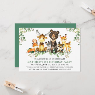 Watercolor Woodland Tiere zum ersten Geburtstag Einladung