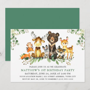 Watercolor Woodland Tiere zum ersten Geburtstag Einladung