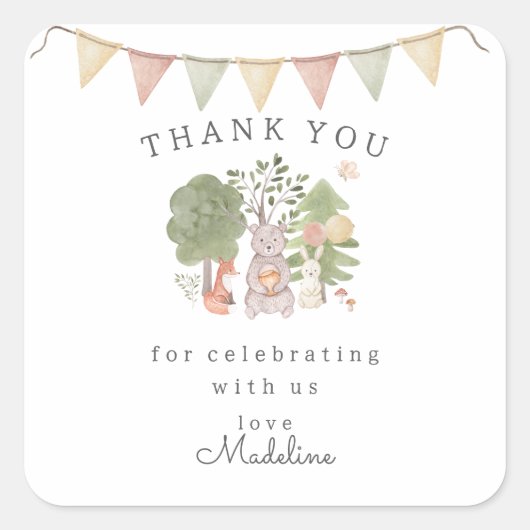 Watercolor Woodland | Waldfreunde Quadratischer Aufkleber (Vorderseite)