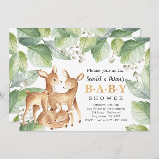 Watercolor Woodland Wild Deer Baby Shower Einladung (Vorne/Hinten)