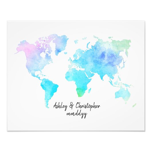 Watercolor World Map Guest Book Alternative Print Fotodruck (Vorne)