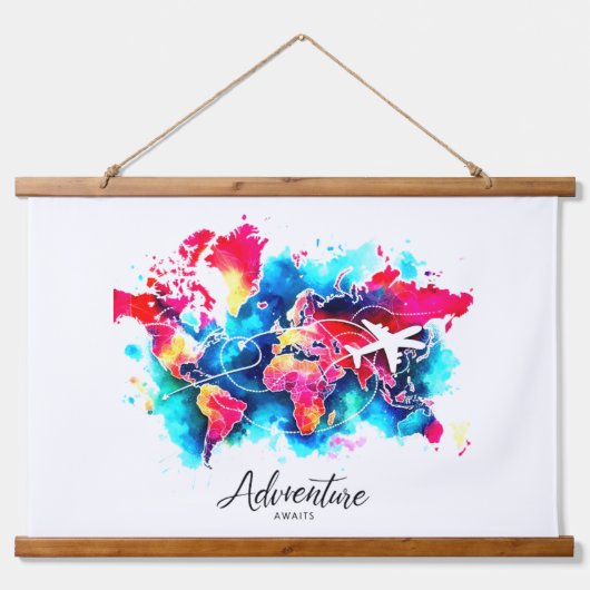 Watercolor World Map Tapestes Wandteppich Mit Holzrahmen (Vorne)