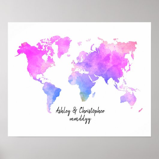 Watercolor World Map Wedding Guest Book Fun Poster (Vorne)