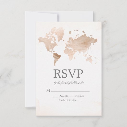 Watercolor World Map Wedding RSVP Karte (Vorderseite)