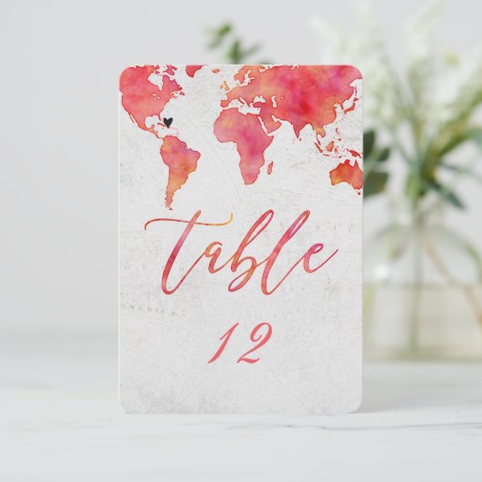Watercolor World Map Wedding Tischnummer (Stehend Vorderseite)