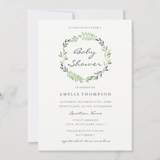 Watercolor Wreath Baby Dusche Einladung (Vorderseite)