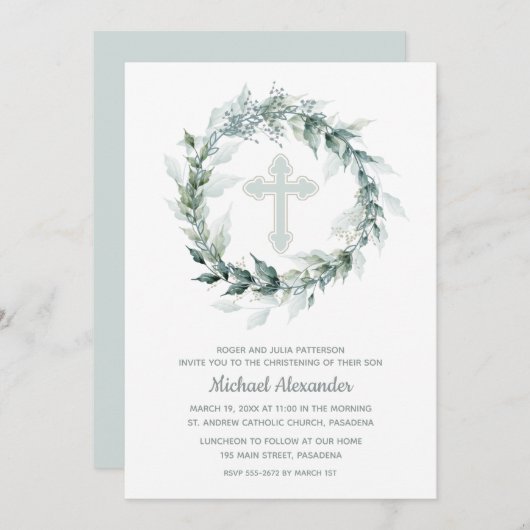 Watercolor Wreath Blue Christening Einladung (Vorne/Hinten)