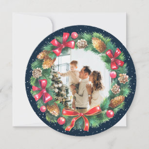 Watercolor Wreath Blue Foto Christmas Feiertagskarte