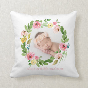 Watercolor Wreath erröten rosa Fotogeburtsdetails Kissen