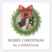 Watercolor Wreath Foto Modernes Weihnachtsfest Quadratischer Aufkleber (Vorderseite)