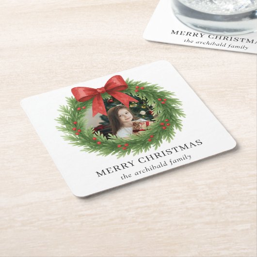 Watercolor Wreath Foto Modernes Weihnachtsfest Rechteckiger Pappuntersetzer (angewinkelt)