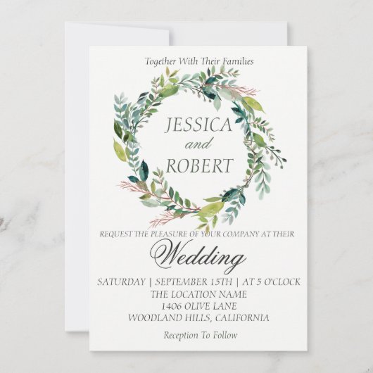Watercolor Wreath Garden Wedding Einladung (Vorderseite)