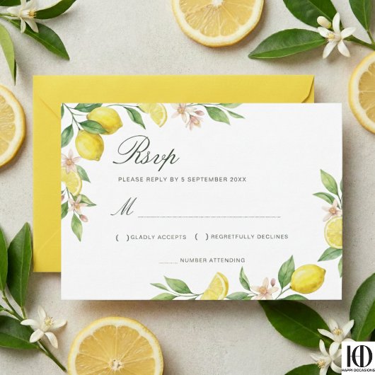 Watercolor Wreath Mediterranean Citrus Wedding RSVP Karte