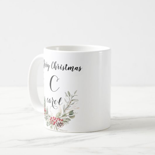 Watercolor Wreath Monogram und Skript Weihnachten Kaffeetasse (Vorderseite Links)