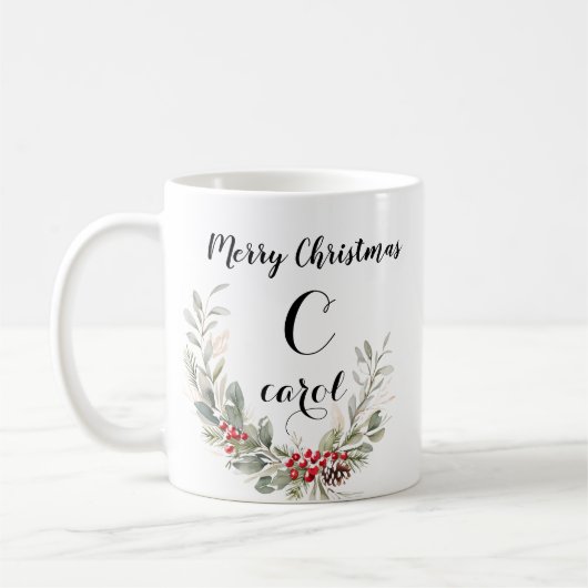 Watercolor Wreath Monogram und Skript Weihnachten Kaffeetasse (Links)