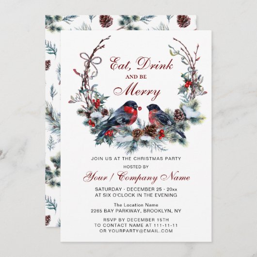 Watercolor Wreath & Red Birds Weihnachts-Party Einladung (Vorne/Hinten)