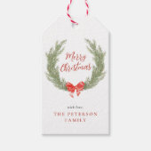 Watercolor Wreath Red Bow Holiday Geschenk Geschenkanhänger (Vorderseite)