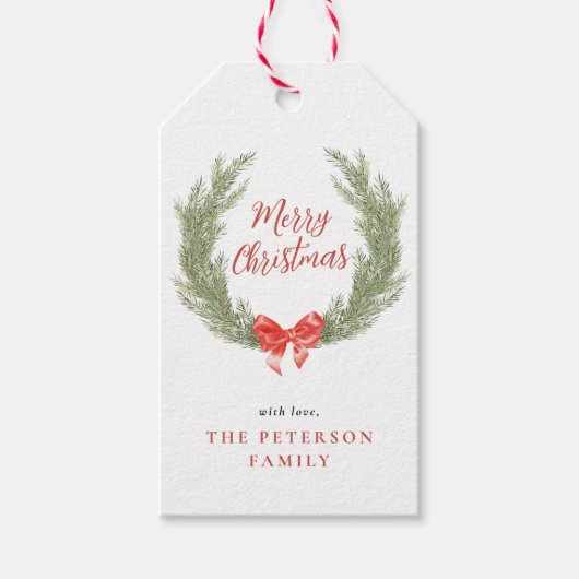 Watercolor Wreath Red Bow Holiday Geschenk Geschenkanhänger (Vorderseite)