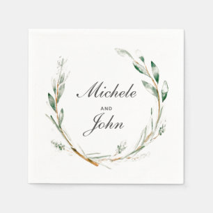 Watercolor Wreath Wedding Names Paper Napkins Serviette
