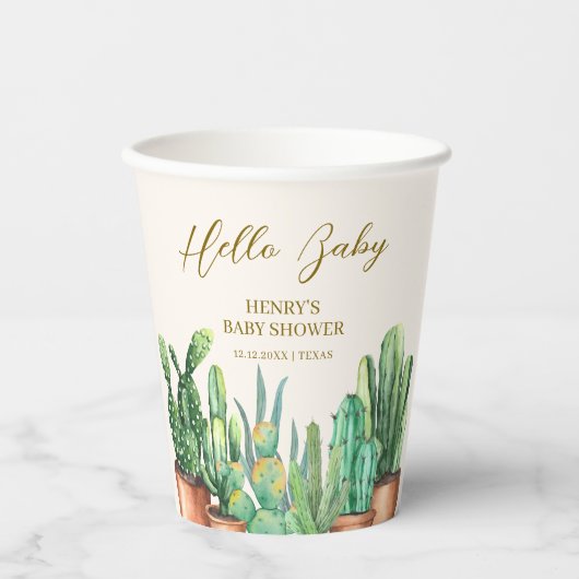 Watercolor Wüste Cactus Garden Baby Shower Pappbecher (Vorderseite)