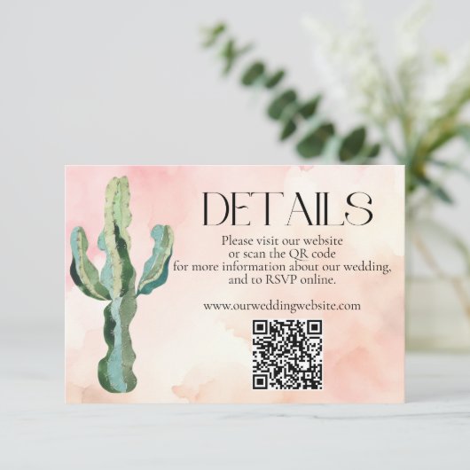 Watercolor Wüste Cactus QR Code Hochzeitdetails Begleitkarte (Stehend Vorderseite)