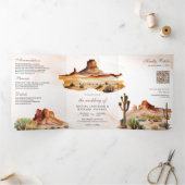 Watercolor Wüste Mountain Cactus QR Code Wedding Dreifach Gefaltete Einladung (Innenseite)