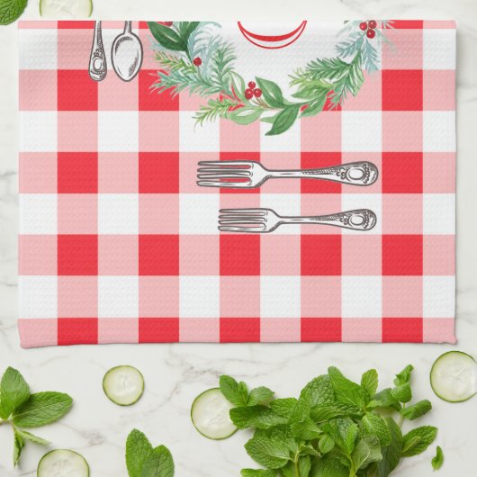Watercolor Xmas Wreath MONOGRAM Red Check Geschirrtuch (Gefaltet)