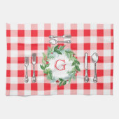 Watercolor Xmas Wreath MONOGRAM Red Check Geschirrtuch (Horizontal)