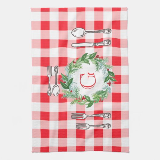 Watercolor Xmas Wreath MONOGRAM Red Check Geschirrtuch (Vertikal)
