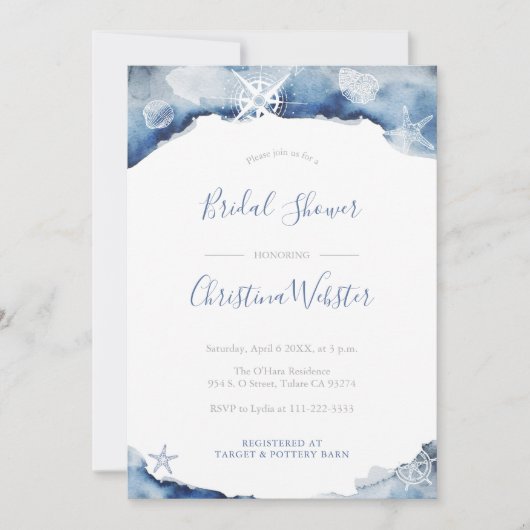 Watercolor Yachting Indigo Grau Brautparty Einladung (Vorderseite)