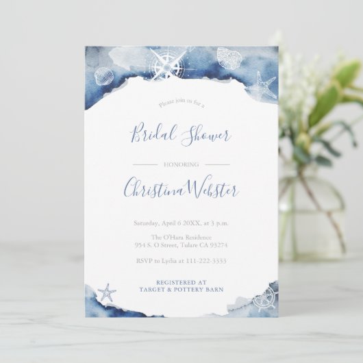 Watercolor Yachting Indigo Grau Brautparty Einladung (Stehend Vorderseite)