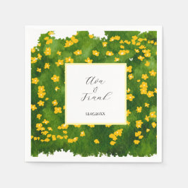 Watercolor Yellow Floral Garden White Wedding Serviette
