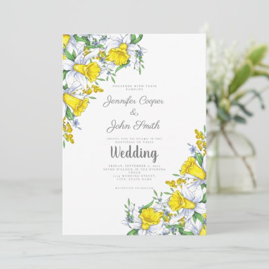 Watercolor Yellow Gray Daffodil Spring Wedding Einladung (Stehend Vorderseite)