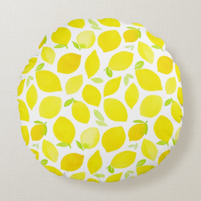 Watercolor Yellow Lemon Pattern Sommer Rundes Kissen (Vorderseite)