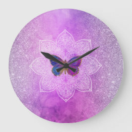 *~* Watercolor Yoga Glitter Butterfly Mandala Große Wanduhr
