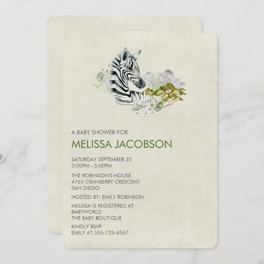 Watercolor Zebra Baby Dusche einladen Einladung (Vorne/Hinten)