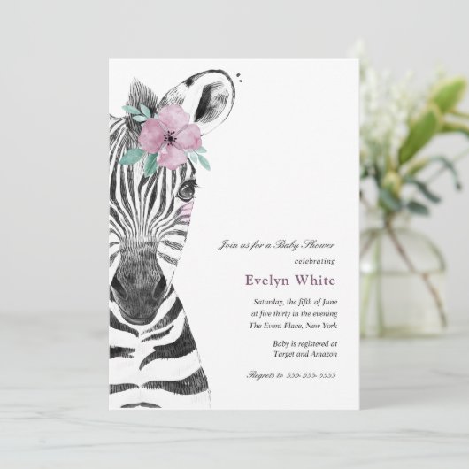 Watercolor Zebra | Einladung zur Babydusche (Stehend Vorderseite)