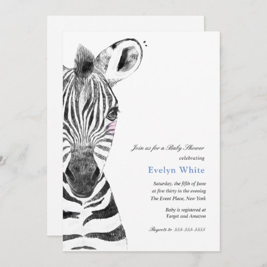 Watercolor Zebra | Einladung zur Babydusche (Vorne/Hinten)