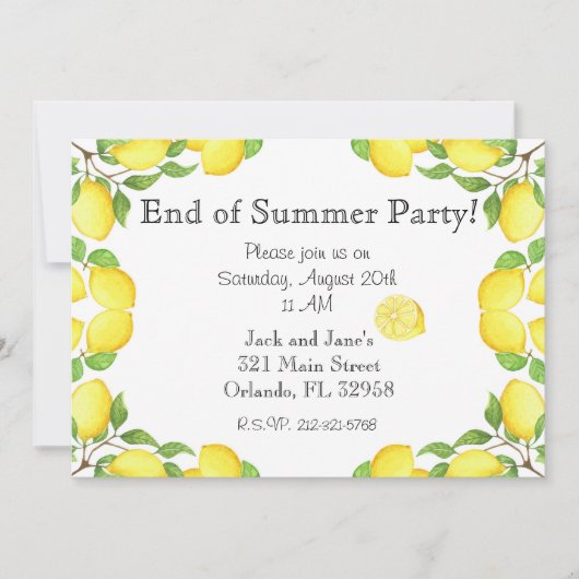 Watercolor-Zitronen-Ende der Sommer-Party Einladung (Vorderseite)