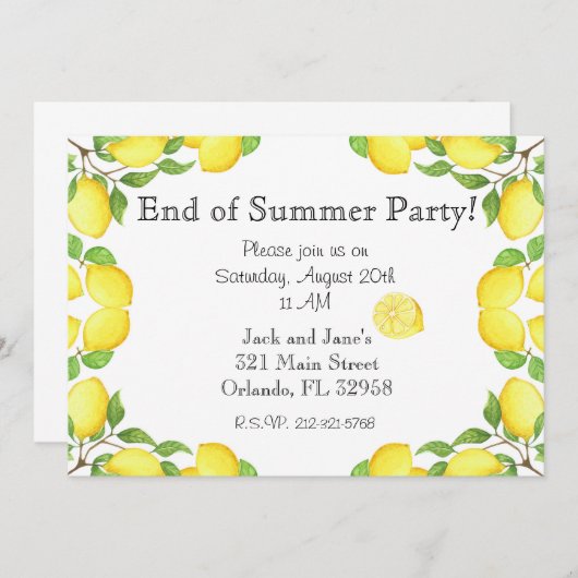 Watercolor-Zitronen-Ende der Sommer-Party Einladung (Vorne/Hinten)