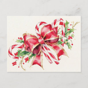 Watercolor-Zuckerstangen-Rotband-Stechpalme Feiertagspostkarte