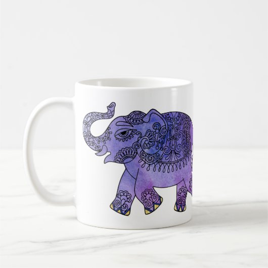 Watercolormandala-Elefant-blaues Lila Kaffeetasse (Links)