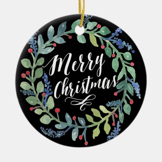 Watercolorwreath-WeihnachtsFoto-Schwarzes Keramik Ornament (Vorne)