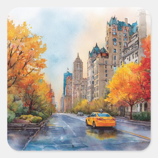 Watercolour Autumn in New York Quadratischer Aufkleber (Vorderseite)