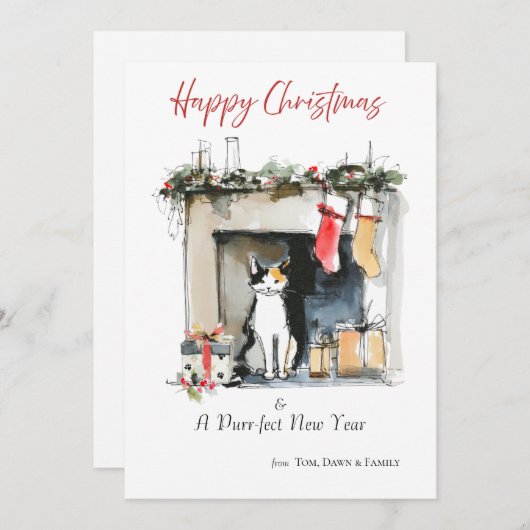 Watercolour Cat-themed Sketch Christmas Card Einladung (Vorne/Hinten)