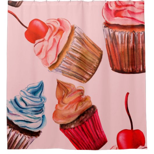 Watercolour cupcakes seamless background pattern, duschvorhang (Vorderseite)