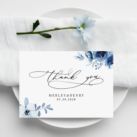 Watercolour Dusty Blue Floral Elegant Wedding Dankeskarte