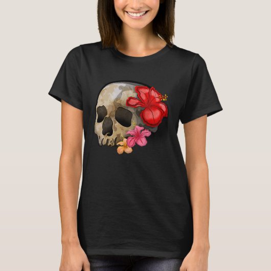 Watercolour hippie gothic skull hibiscus floral Ha T-Shirt (Vorderseite)