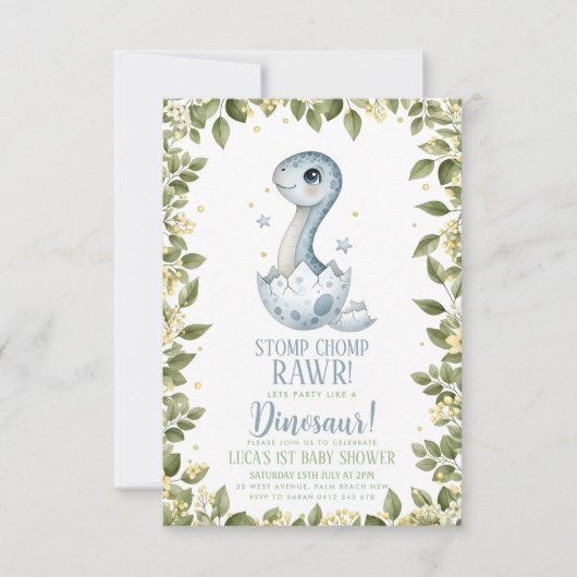 watercolour wildflower Dinosaur Baby Shower Einladung (Vorderseite)